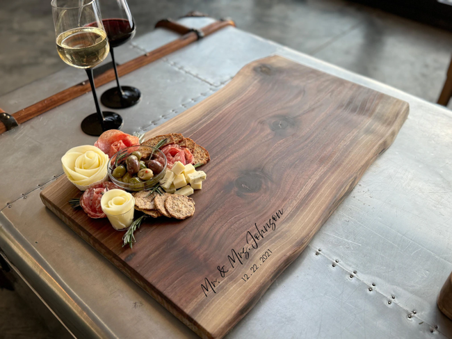 Personalized Live Edge Charcuterie Board: Black Walnut or Maple, Engraved Wood Serving Tray